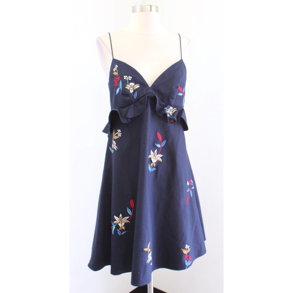 Sachin and Babi Navy Blue Floral Embroidered Ruffle Open Back A Line Dress Sz 6